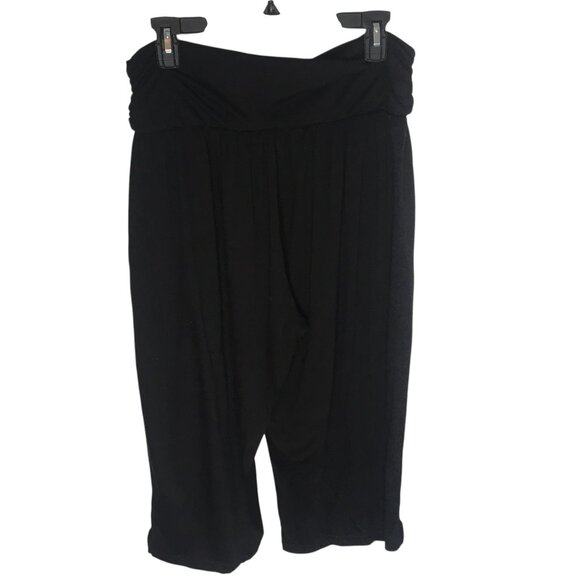 Black Comfort Pants Womens 2XL High Waist Stretch Capri Cropped Wide Leg Pull On - Picture 3 of 16